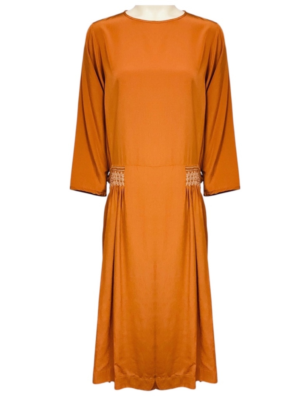 ARTS & SCIENCE BURNT ORANGE LONG SLEEVED SATIN MIDI DRESS
